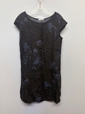 Me & Gee 100% Linen Italian Black Floral Pattern Midi Dress